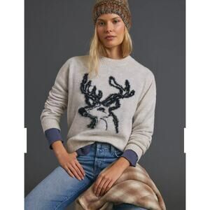 Anthropologie Oh Deer Sweater Stag Deer Intarsia Knit Sweater- Size XS- Cream